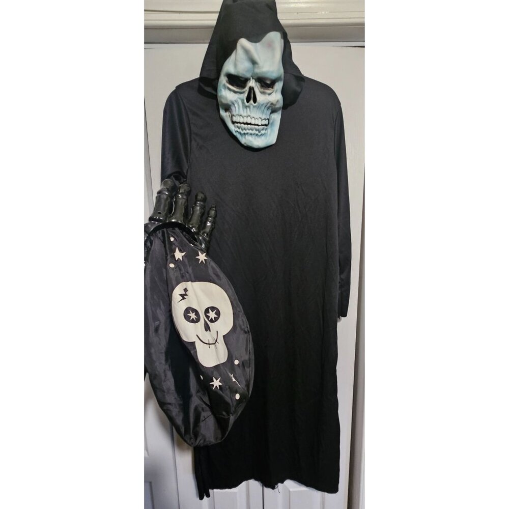 Kids Grim Reaper Halloween Costume Hooded Robe Skeleton Mask Evil Horror Boys LG